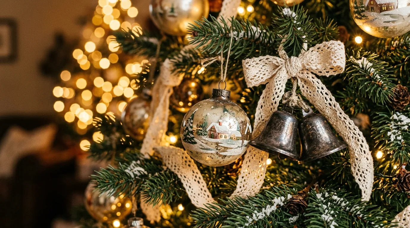 Close-up of vintage ornaments on a classic Christmas tree.